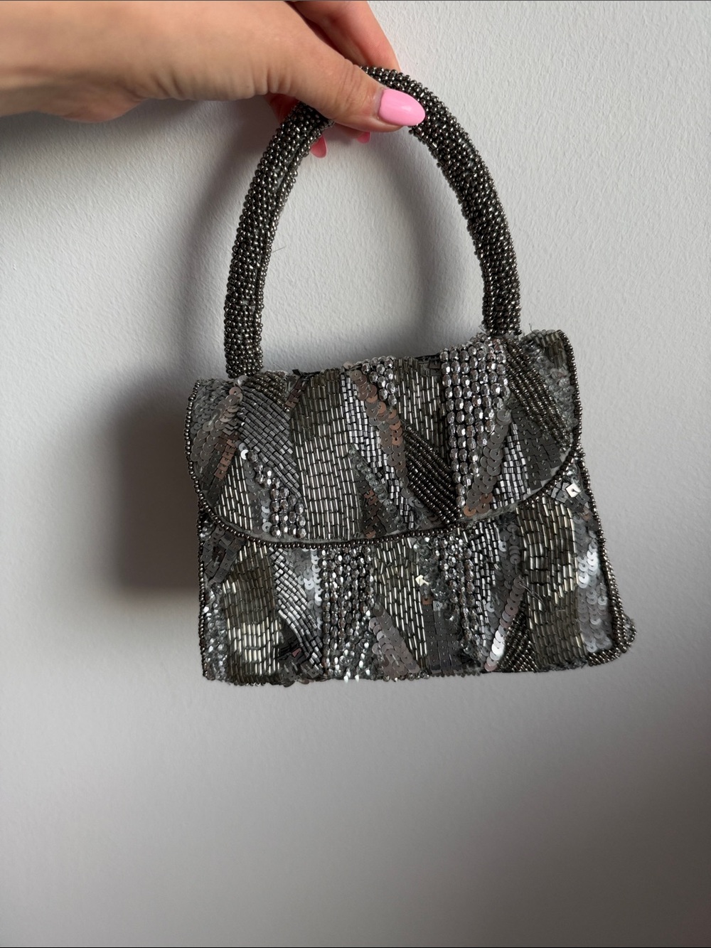 Anthropologie Beaded Silver Evening Handbag